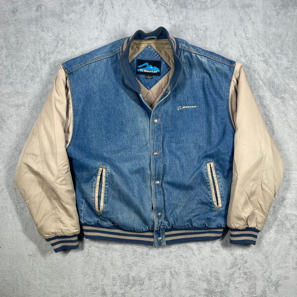 Vintage Boeing Tri-Mountain Jacket Mens L Denim Bomber Employee Workwear READ